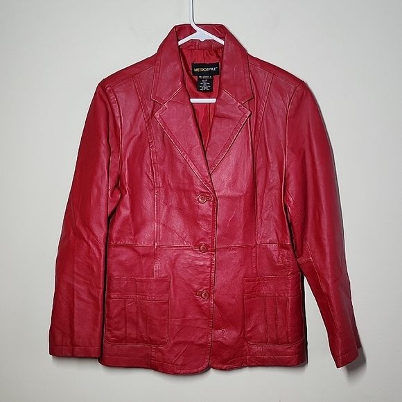 Vintage Metrostyle Red Leather Jacket Womens 12 Leather Blazer 3 Button - Picture 1 of 8